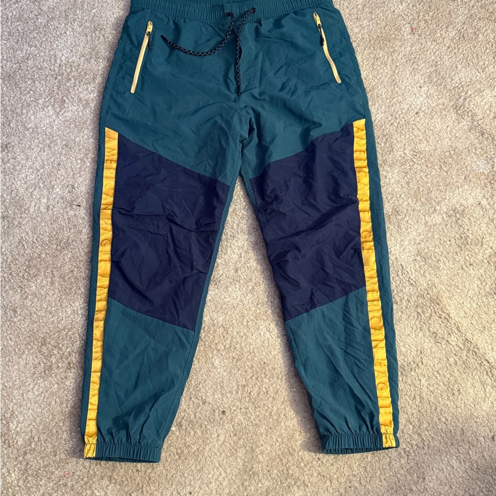 American Eagle Outfitters Men's Teal and Navy Joggers with Yellow Accents